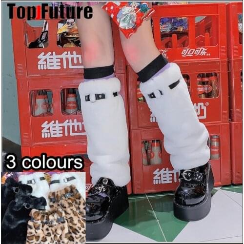 Black White Leopard FUR Women Leg Warmer 2020 Autumn Winter Lady Soft Mid-calf Thick Villus Lolita Sock Adjustable Pu Strap