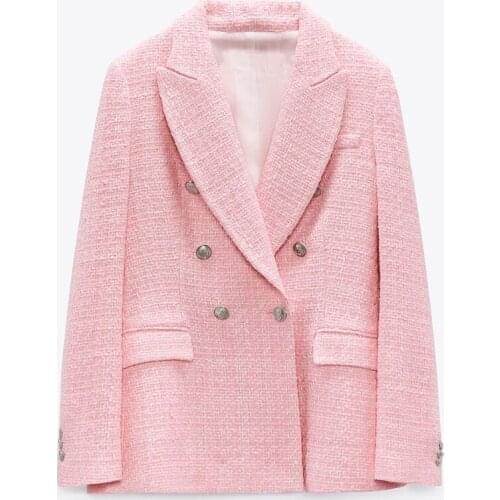 Pink Plaid Texture Double-breasted Chic Womens Blazer Western Harajuku Female Jacket Coat Tops