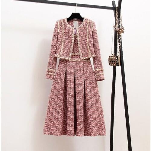 New 2021 Autumn High Quality Women 2 Piece Set Tweed Short Jacket Coat+Beading Vest Dress Elegant Fashion Party Dresses 2 Sets