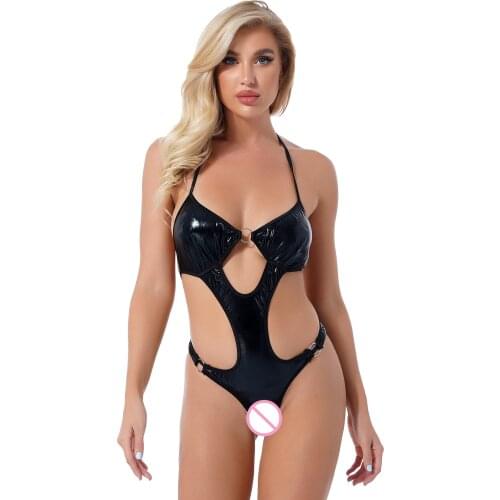 Women Wet Look Shiny Patent Leather Bodysuit Hollow Out Halter Lace-up Underwear Nightwear One-piece Thongs Swimsuit Swimwear
