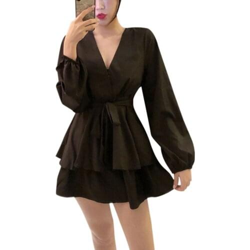 Summer Sexy Dress Womens 2020 Long-sleeved Ruffles High Waist Deep V-neck Mini Dress Summer Red Black Elegant Vestidos