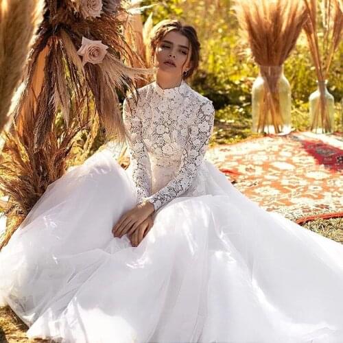 Elegant Long Sleeves Wedding Dresses 2021 Top Lace Tulle A-line Boho Bridal Gowns High Neck Arbic Bride Dress Vestido De Novia