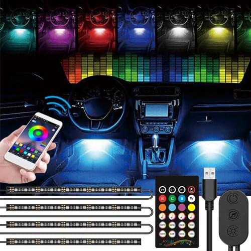 4pcs Car RGB Bluetooth LED Strip Light Multi Colors Car Styling Decorative Car Interior Atmosphere Lamps With Wireless Remote