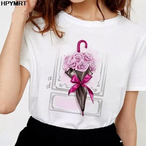 White T Shirt Women New Summer Flowers umbrella Short Sleeve Lady Tops Tshirt Ladies Womens Graphic Female Tee Shirt O-neck
