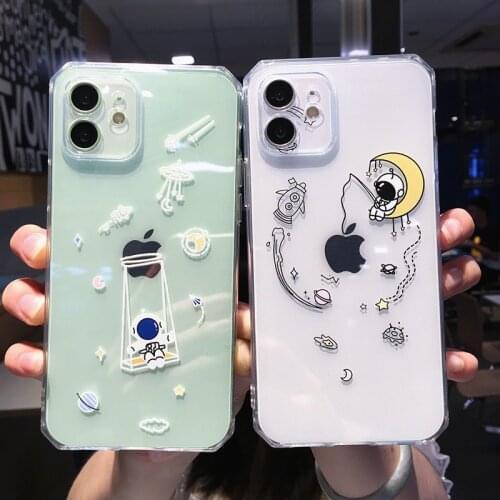 Ottwn Astronauts Pattern Phone Case For iPhone 11 12 Pro Max Mini X XR XS Max 7 8 Plus Clear Lens Protection Soft TPU Back Cover