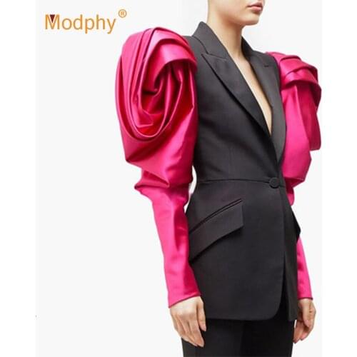 Elegant Hit Color Blazer For Women Puff Sleeves Notched Single Button Pocket Female Blazers 2019 Autumn Winter Fashion New