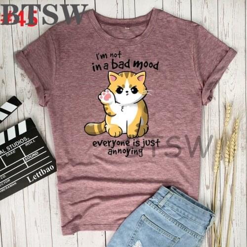 90s I'm Not In A Bad Mood Graphic Tees Cute Cat Harajuku Kawaii Tshirt Funny Cartoon Printed T Shirt Tops Unisex Clothes