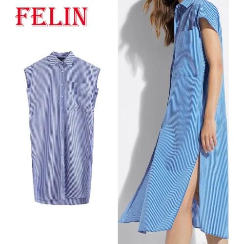 Summer Women Vintage Blue Stripe Shirt Dress Za 2021 Sleeveless Side Split Long Dress Elegant Mujer Vestidos