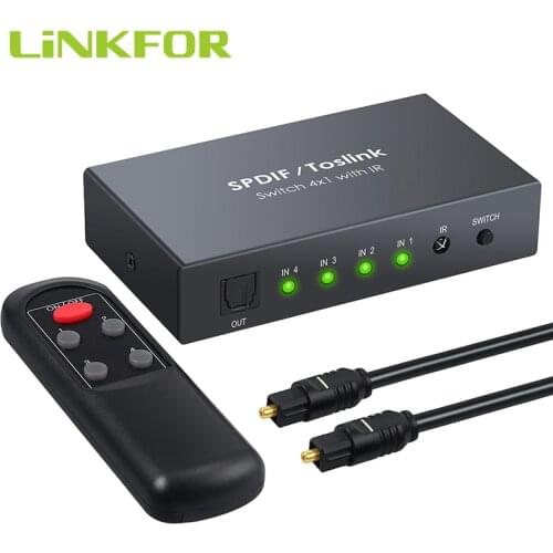 LiNKFOR 4x1 SPDIF Toslink Switch Box Digital Optical Audio Switcher with Optical Cable Four Input One Output Audio Switcher