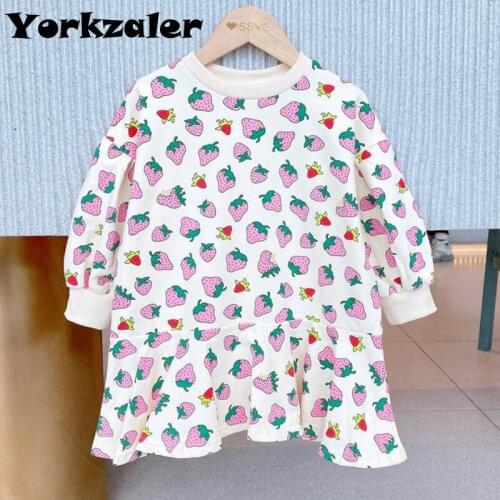 Fashion Fruit Baby Girls Dress Strawberry Printed Long Sleeve Casual Dress for 3-7years Old Autumn Children Clothing