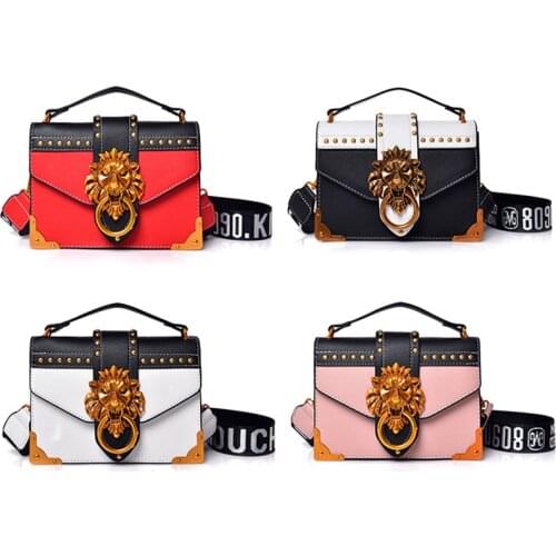 Fashion Women Metal Lion Handbags Crossbody Bags Metal Lion Head Brand Rivet Shoulder Purse Messenger Bag
