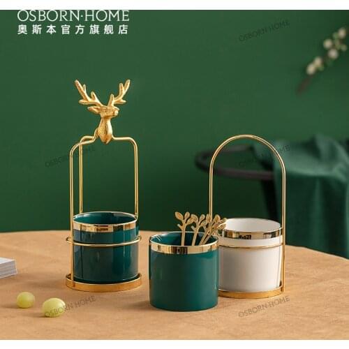 OSBORN Kitchen Fruit Fork Spoon Storage Gold Frame Ceramic Cutlery Utensil Holder Set Desktop Cosmetic Pencil Storage Rack