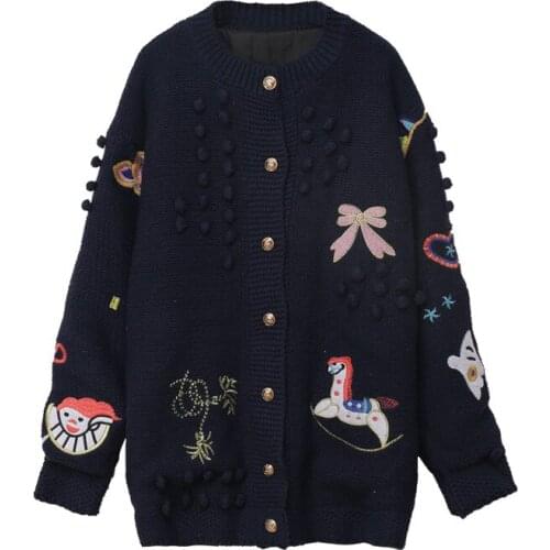 Autumn Winter Embroidery Chic Cardigan Women Thick Sweater Knit Sweaters Cartoon Patchwork Blusa De Frio Feminina Korean Style
