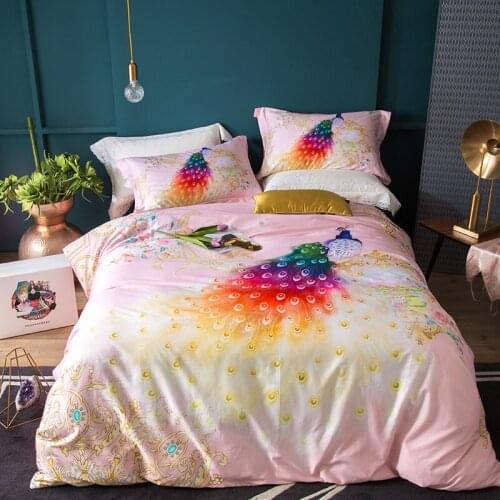 Luxury 100S Egyptian cotton digital printing Peacock Bedding sets Queen King Duvet cover Bed sheet set Pillowcases 4pcs