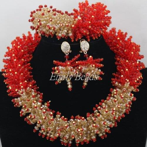 Glamorous Red/Gold Crystal Beads Jewelry Set Nigerian Wedding Costume African Beads Bridal Jewelry Set Free Shipping AMJ927