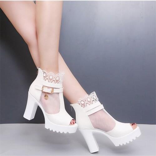 Sexy Women Sandals Mesh Lace 8CM Square High Heel Summer Shoes Woman Pumps Sexy Flower Net Hollow Peep Toe Gladiator Sandals