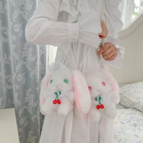 Japanese Sweet Lolita Shoulder Bags For Girls Cosplay Plush Lace Rabbit Ears Pearl Messenger Bag JK Small Toy Phone Coin Bag