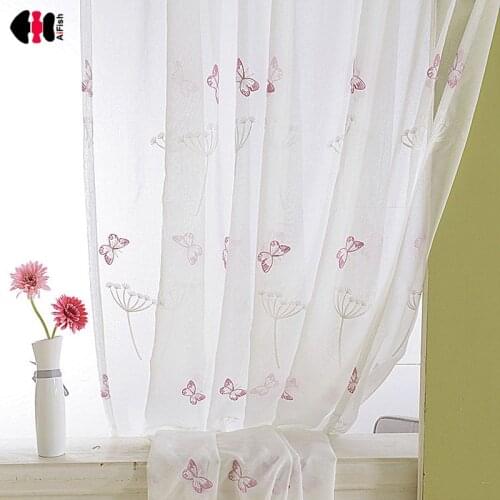 Butterfly Embroidered Voile Curtains Kids Children Bedroom Cartoon Countryside Delicate Sheer Window Treatment Drapes P266C