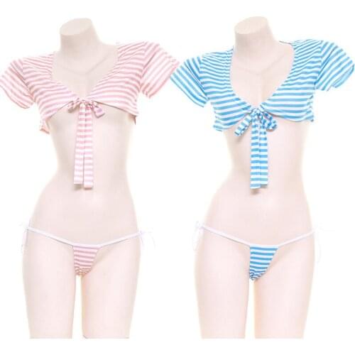 Japanese Sexy Lingerie Lolita Anime Cheerleader Cosplay Bikini T Shirt Crop Tops Cosplay Erotic Costumes Bra Women Underwear Set