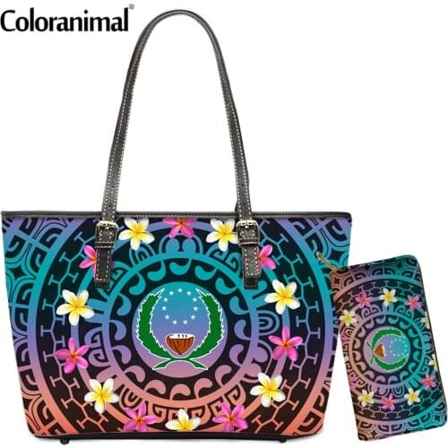Coloranimal Fashion Women 2Pcs/Set Shoulder Bag&Wallet Gradient Color Pohnpei Polynesian Plumeria Print Women PU Tote Handbag