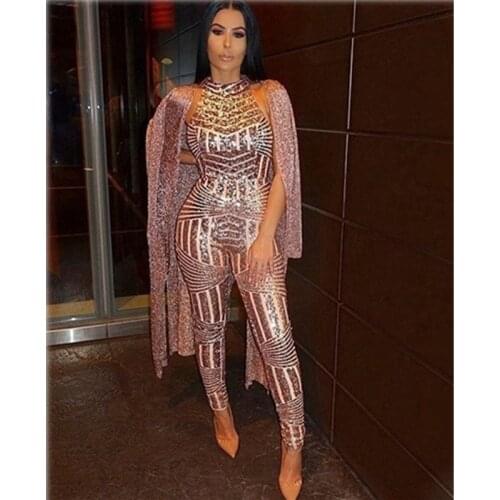 Summer Womens Sparkling Halter Party Jumpsuit 2021 New Women Sexy Gold Sequin Jumpsuit Body Ladies Overalls Club Mesh Jumpsuit