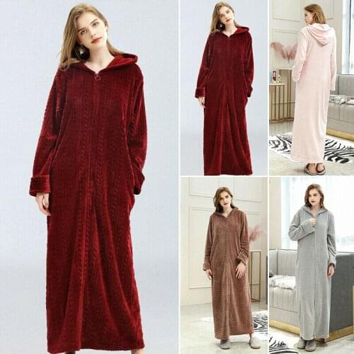 Womens Hooded Long Sleeve Loose Zipper Solid Warm Home Long Casual Bath Robe
