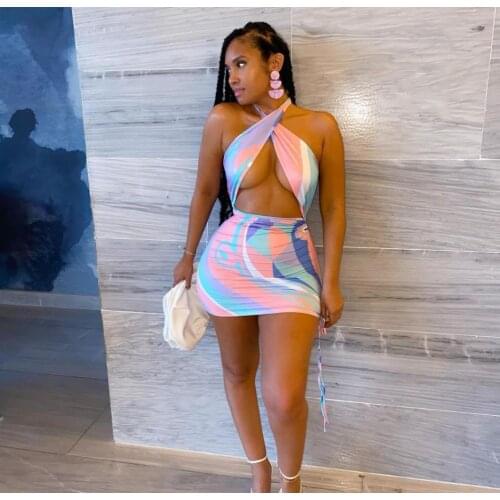 Women Female Summer Dress Striped Halter Neck Sleeveless Hollow Out Dresses Sundress Women Clothes