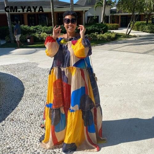 CM.YAYA Women Plus Size Dress Print Off Shoulder Full Sleeve Loose Maxi Swinging Long Dresses Sexy Fashion Outfits Summer 2021