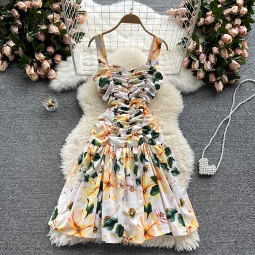 Europe Style 2021 Summer Elegant Womens Spaghetti Straps Floral Print Ruffles Slim Dress Female Vacation Party Dresses Vestidos