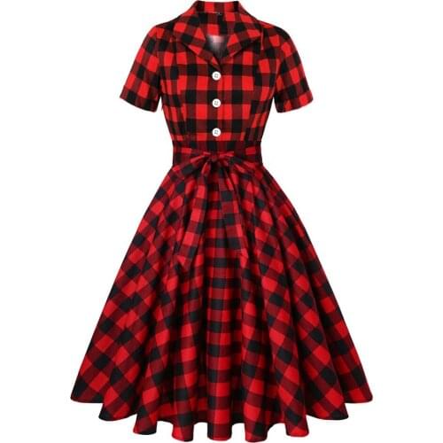 2021 Retro Women Short Sleeve Plus Size Cotton Vintage Plaid Dress Checkerboard Black Red Vintage Rockabilly Runway Dress Robes