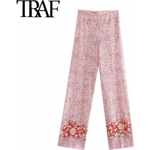 TRAF Women Fashion Paisley Print Linen Wide Leg Pants Vintage High Elastic Waist Side Pockets Female Trousers Mujer