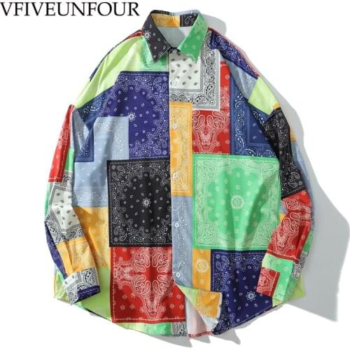 VFIVE UNFOUR Digital Color Block Print Long Sleeve Hawaiian Beach Tees Shirts Streetwear Harajuku Hip Hop Casual Loose Shirt