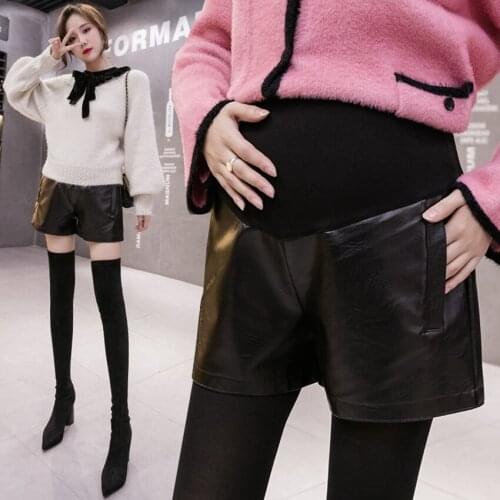 Korean fashion pregnant womens cotton belly support leather shorts PU wide-leg new shorts and outer pants