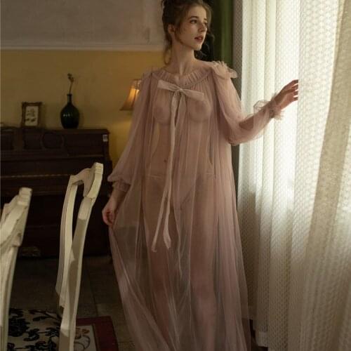 Lace Net Gauze See-through Loose Sexy Temptation Home Long Pajamas Female feeling Sleep Dress