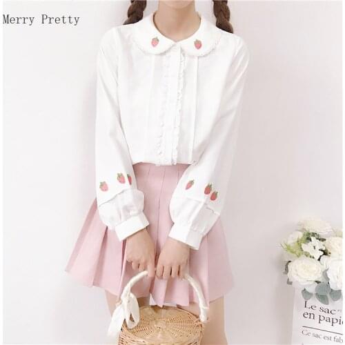 Merry Pretty Sweet Women Spring Blouse Peter Pan Collar Embroidery Strawberry Blusas Long Sleeve White Cute Kawaii Shirt Girl