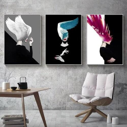 Fashion Girl and Colorful Feathers Canvas Painting Wall Art Nordic Posters and Prints Wall Pictures for Living Room Decoration