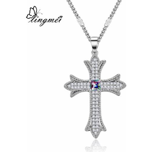 Lingmei Fashion Wedding Band Bride Jewelry Princess Multi & Green & White Zircon Silver Color Pendant Necklace With Chain