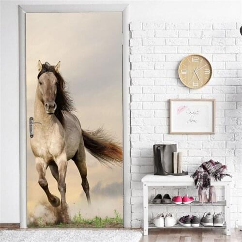 Fashion 3D Handsome Horse Door Stickers For Bedroom Living Room Home Decor Decal Creative Mural Waterproof Self adhesive Poster