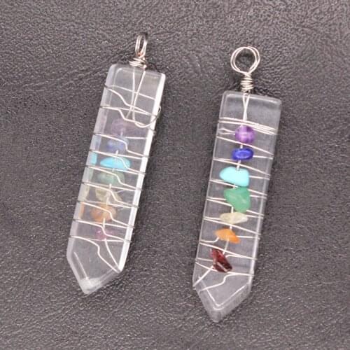 Trendy-beads Silver Plated Wire Wrap Sword Shape Natural Rock Crystal Pendant Spiritual Chakra Jewelry