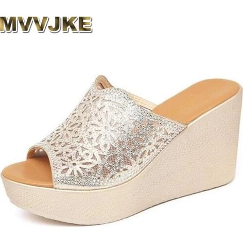 MVVJKE Quality Womens Slippers Platform Shoes Summer 2021 Rhinestone Slippers Ladies Wedge Heels Slides Women Silver