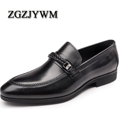 ZGZJYWM New Luxury Breathable Black Dress Genuine Formal Leather Woven Style Pointed Toe Slip-On Wedding Business Office Shoes