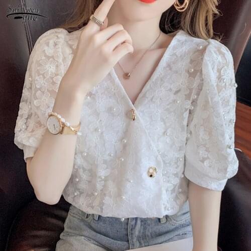 Summer New 2021 Women Blouses Puff Sleeve Beading V-neck Fashion Lace Shirt Short Sleeve Hook Floral Hollow Tops Blusas 15134