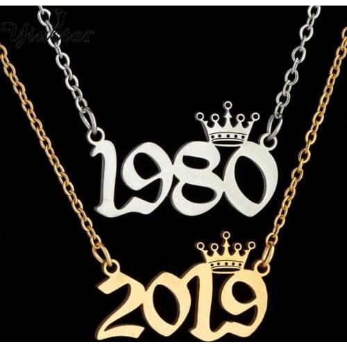 Yiustar Fashion 1980s-2019 Crown Pendant Necklace Women Gift Aesthetic Year Number Necklaces Chain Stainless Steel Birth Jewelry