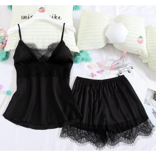 Sexy Backless Pajamas Sets Summer Strap Top&Shorts Sleep Suit Womens Satin Lace Sleepwear Sleeveless Home Wear Nightwear