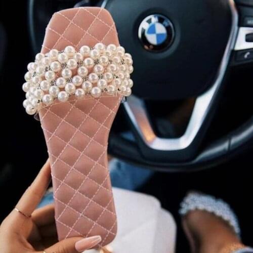 Spring/summer new women 2021 fashion solid color flat shoes sandals pearl rhinestone womens all-match casual slippers