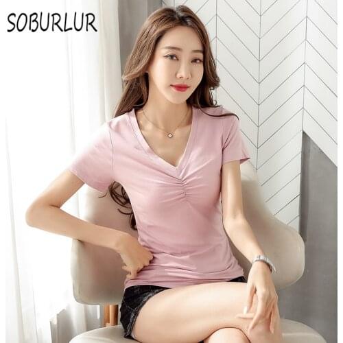 SOBURLUR 2021 Summer New Basic Womens T-shirt Style Simple Solid V-Neck Sexy Crop Top Woman Clothes Blousas Tops Cacual Tees