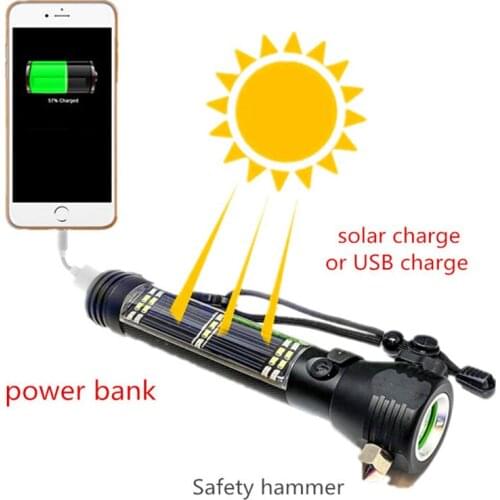 USB Rechargeable Self Defense Solar Powered Torch Light Portable Multi Function Car Emergency Escape Rescue LED Flashlight