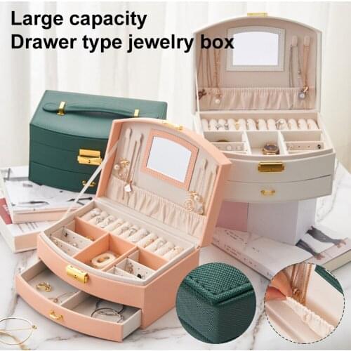 2 Layers Drawer Jewelry Organizer Box With Mirror Large Capacity Display Holder Earring Ring Bracelet Case PU Leather Storage