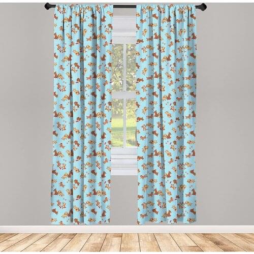 Dog Curtain for Kids Room Checkered Square Playful Puppies Paw Print Golden Retriever Breed Lightweight Window Drapes