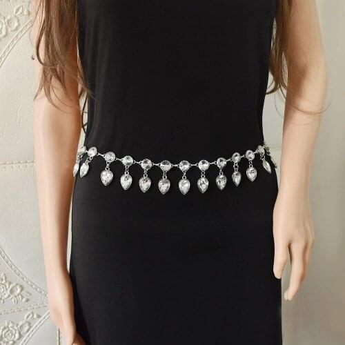 Shining Crystal Water Drop Pendant Waist Chain Jewelry For Women Dance Dress Accessories Tassel Fashion Long Flower Chain Belt
